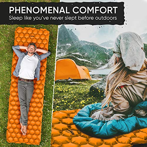 POWERLIX Ultralight Inflatable Camping Sleeping Pad - Camping Mattress for Backpacking, Hiking, Compact Lightweight Sleeping Mat for Camping, Inflation Bag/Repair Kit Included - color: Orange & Black