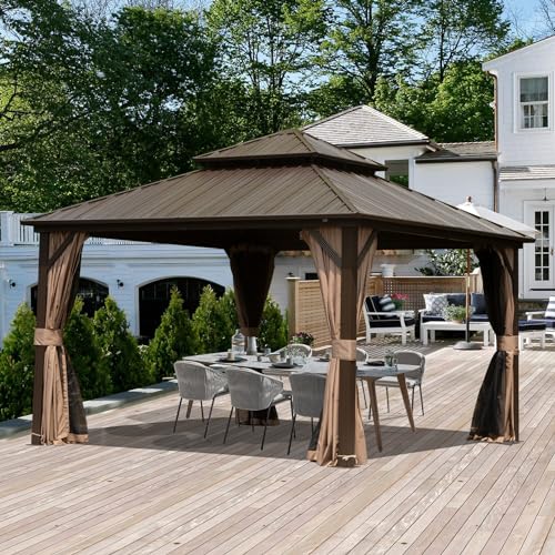 Domi 12' x 12' Hardtop Gazebo, Outdoor Metal Gazebo for Patios with Galvanized Steel Double Roof, Heavy Duty Curtains and Netting Included, Permanent Pergola for Backyard, Garden Lawn, Brown - color: Brown, size: 12'×12' Double Roof