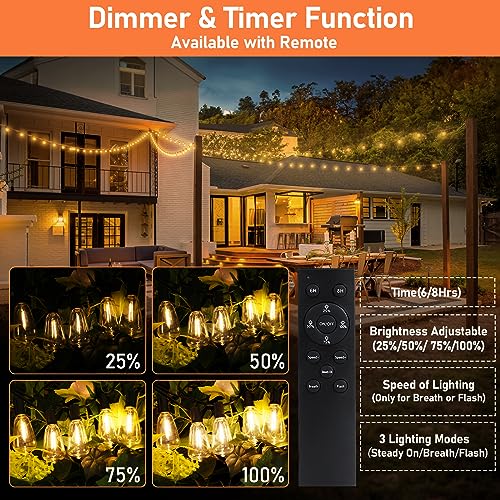 50 FT Solar String Lights for Outside, Solar Powered Outdoor String Lights with 26 Shatterproof Edison Bulbs, Dimmable Patio Lights Waterproof with Remote Timer for Wedding Backyard(Warm White) - size: 50FT