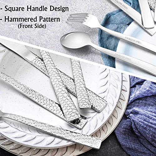 E-far 60-Piece Silverware Set, Hammered Stainless Steel Square Flatware Cutlery Set for 12, Tableware Set Eating Utensils for Home Kitchen Restaurant, Modern Design & Mirror Polished - Dishwasher Safe - size: 60-Piece for 12