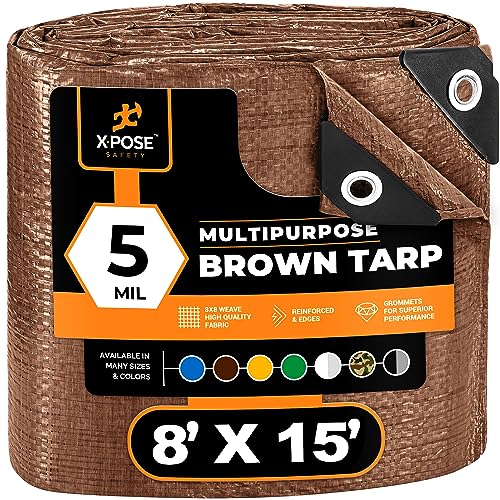 Multipurpose Protective Cover Brown Poly Tarp 8' x 15' - Durable, Water Resistant, Weather Resistant - 5 Mil Thick Polyethylene - by Xpose Safety - color: Brown, size: 8 Feet x 15 Feet