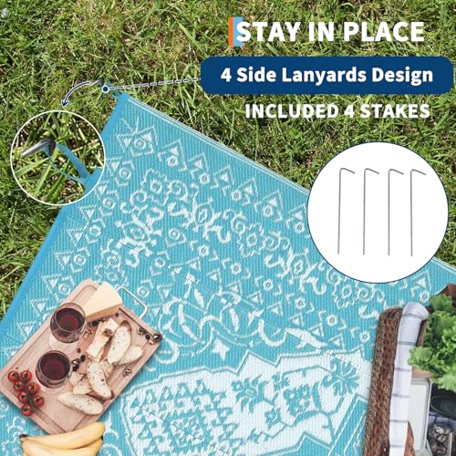 GarveeLife Outdoor Plastic Straw Rug 8x10 Outdoor Rug Waterproof Reversible Large Vintage Medallion Patio Rugs Portable Area Rug for Deck, Balcony, Camping, Beach RV Porch, Picnic - color: Medallion|light Blue, size: 8' x 10' (Rectangular)