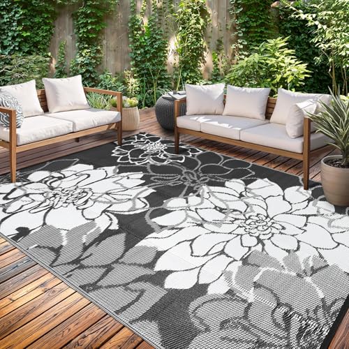 GarveeHome 8x10 Outdoor Rug Waterproof Reversible Outdoor Plastic Straw Rugs Modern Floral Patio Rug Indoor Outdoor Carpet RV Mat Outside for Patio Camp Balcony Deck Picnic, Black and White - color: Floral|black&white, size: 8' x 10' (Rectangular)