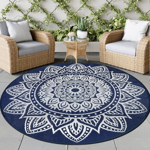 famibay Round Outdoor Rug 8ft Boho Round Patio Rug Waterproof Plastic Outdoor Carpet for Patio All Weather Camping Rugs RV Mats for Outside Lightweight UV-Resistant Outdoor Rugs for Patios(Dark Blue) - color: Dark Blue, size: Round 8ft