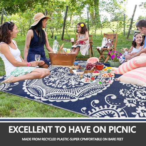 Capslpad Outdoor Rug 5x8 Blue Waterproof Outside Plastic Straw Rug, Reversible Boho Floral Balcony Carpet Foldable Camping Area Rug with Carry Bag for RV Patio Backyard Deck Bench Picnic Porch - color: Blue, size: 5' x 8' (Rectangular)