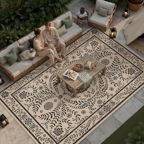 HUGEAR 8x10 Vintage Jute Indoor Outdoor Rug Washable Linen Textured Weave High Traffic Stain Resistant Non Slip Durable Carpet for Livingroom Patio Deck Balcony Courtyard (Floral Black, 8' x 10') - color: Floral / Black, size: 8'x10' (Rectangular)