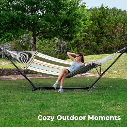 SUPERJARE Hammock with Stand, 2 Person Quilted Outdoor Hammock, Detachable Pillow & Bamboo Spreaders, Portable Hammock with Carrying Bag, Heavy Duty Stand, Perfect for Outside, Patio, Retro Green - color: Retro Green, size: 55.1"W × 74.8''D × 43.3''H