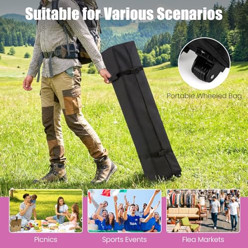 Tangkula 10 x10 Ft Pop Up Canopy with Center Lock, UPF 50+ One-Button Setup Outdoor Canopy Tent with Roller Bag, 4 Sand Bags, Heavy-Duty Steel Frame, 8 Stakes, 4 Ropes for Camping, Picnic (Pink) - color: Pink