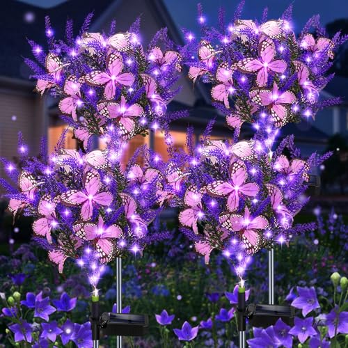 Kohlrabi Solar Garden Lights Outdoor, 4 Pack Purple Lavender Solar Butterfly Lights Gardening Gifts for Women,Artificial Flowers Light Purple Halloween Garden Decor for Patio Yard Lawn Christmas - color: Purple, size: 4 Pack