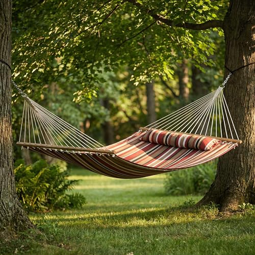 Sunnydaze Quilted Double Hammock for Outside with Spreader Bars and Pillow - 450 lb Capacity, 74x55 Inch Bed, UV Resistant, Quick Dry - Chains Included, Stand Sold Separately - Awning Stripe - color: Awning Stripe