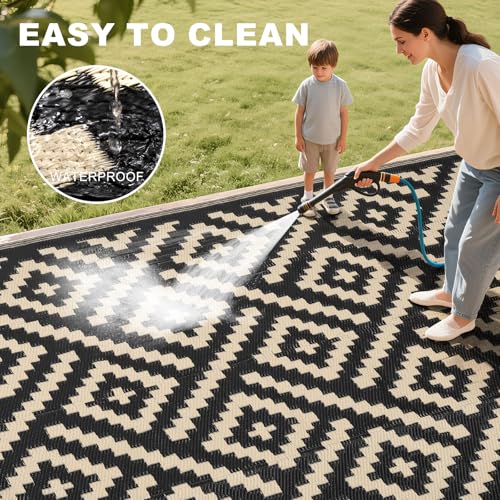 RURALITY Outdoor Rugs 8x10 Feet for Patios Clearance,Plastic Straw Waterproof Mats for Backyard,Porch,Deck,Balcony,Black&Beige - color: Cross-black&beige, size: 8' x 10' (Rectangular)