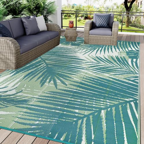 famibay Outdoor Rug Waterproof 5x8, Reversible Plastic Straw Patio Camping Rugs, Portable Indoor Outdoor RV Area Rug for Deck, Porch, Balcony, Backyard, Picnic, Beach, Pool, Leaf Tricolor Green - color: Tri-color Green, size: 5' x 8'