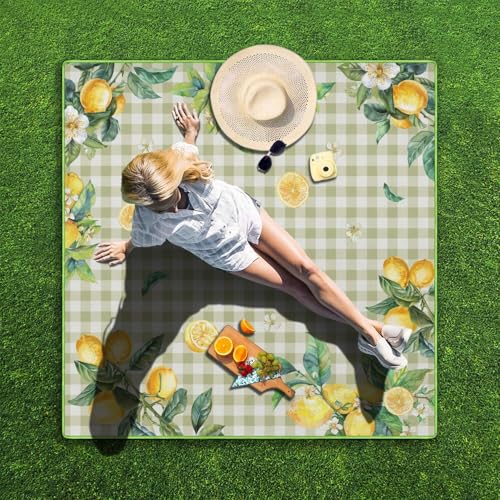 Supfitness Extra Large Picnic Blankets Waterproof Foldable (80"x 80") Boho Beach Blanket Waterproof Sandproof,3-Layer Thicking Mat Outdoor Packable Camping Blanket - color: Greenyellow, size: 6'8" x 6'8" (Square)