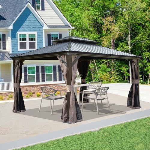 Domi 10' X 13' Hardtop Gazebo, Upgraded Metal Gazebo with Drainage System, Dual-Layer Galvanized Steel Roof, Curtain and Netting, Outdoor Shelter Canopy for Patio, Garden, and Backyard, Brown - color: Brown, size: 10'x13'/w gutter