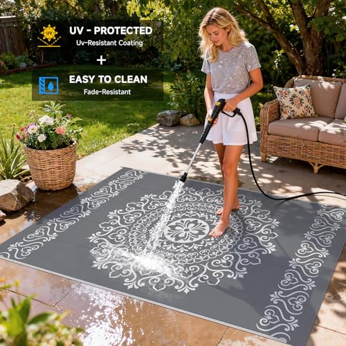 Pauwer Waterproof Outdoor Rug 6x9, Reversible Plastic Straw Patio Camping Rug, Indoor Outdoor RV Mat Carpet for Deck, Camper, Porch, Balcony, Backyard, Picnic, Floral Grey - color: Floral Grey, size: 6' x 9' (Rectangular)