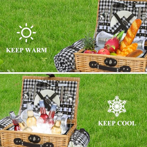 Picnic Basket for 2 with Blanket, Willow Picnic Basket Set with Shoulder Strap&Wine Pouch, Large Willow Hamper with Insulated Cooler for Outdoor, Camping, Beach, Couples, Wedding Gift - color: Black and White Grid