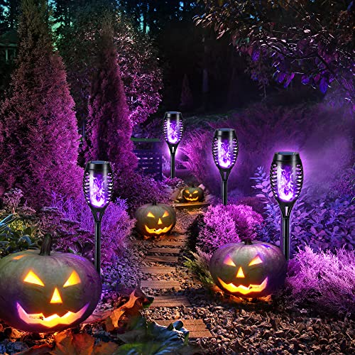 Toodour Solar Torch Flame Lights, 6 Pack Solar Lights Outdoor with Flickering Flame, Waterproof Solar Pathway Lights Landscape Decoration Lighting for Garden, Lawn, Yard, Outdoor Decor - Purple - color: Purple, size: 6 Pack