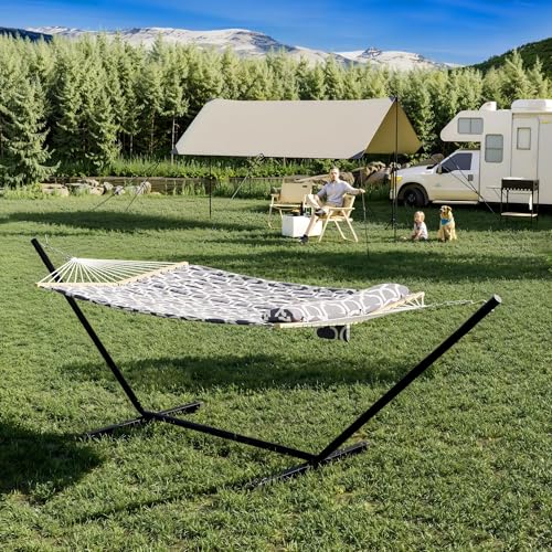 Double Hammock with Stand, Outdoor Quilted Padded Hammock with Heavy Duty Iron Frame, Portable Patio Swing Bed for Backyard Garden, 450 Lbs Capacity,Textured Dark Gray - color: Grey