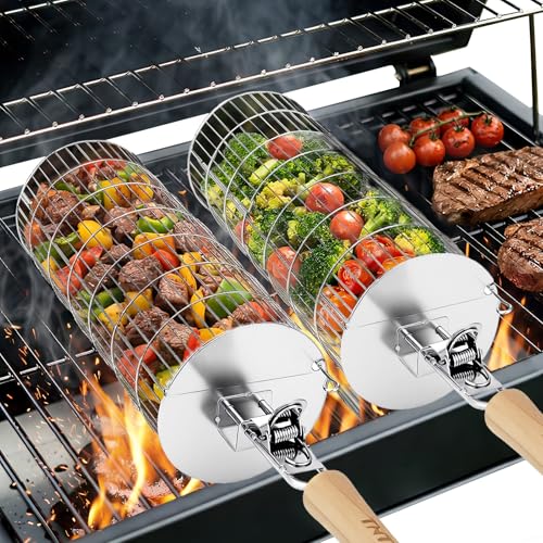 TNTOR Rolling Grill Basket, Larger 304 Stainless Steel Nesting Grilling Net, Removable Handle, BBQ Accessories Tools for Veg Shrimp, Outdoor Cooking Camping grilling gifts for men Dad Husband