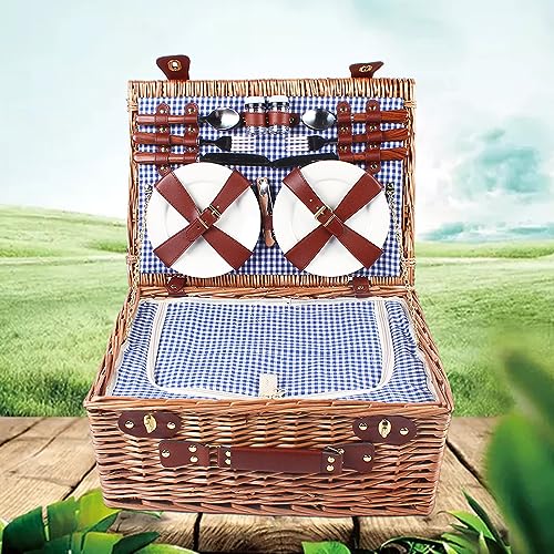 18x13x8in Picnic Basket Set,Hand-Woven Wicker Basket with Heat Cold Insulation,Complete Picnic Set with 2 Wine Glasses for Excursions, Camping, Hiking,Picnics, Outdoor Parties