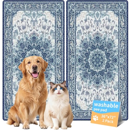 Washable Pee Pads for Dogs, Reusable Puppy Potty Training Pads, Ultra-Absorbent Thick Waterproof Leak-Proof Non-Slip Pads & Mat for Crate, Playpen, Floor, Whelping & Housebreaking , 2 Pack 36"x72" - color: Blue/Multi, size: 36" ×72"(pack of 2)