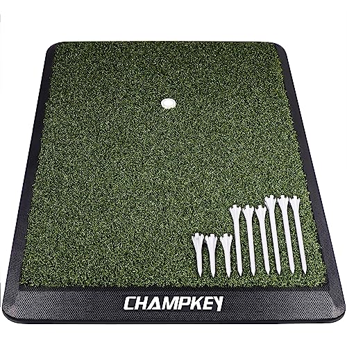 CHAMPKEY Premium Synthetic Turf Golf Hitting Mat | Heavy Duty Rubber Base Golf Practice Mat | Come with 1 Rubber Tee and 9 Plastic Tees - size: M(13" x 17"), style: PRO Version