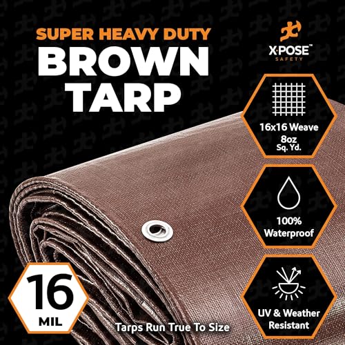 10' x 20' Super Heavy Duty 16 Mil Brown Poly Tarp Cover - Thick Waterproof, UV Resistant, Rip and Tear Proof Tarpaulin with Grommets and Reinforced Edges - by Xpose Safety - color: Brown, size: 10' x 20'