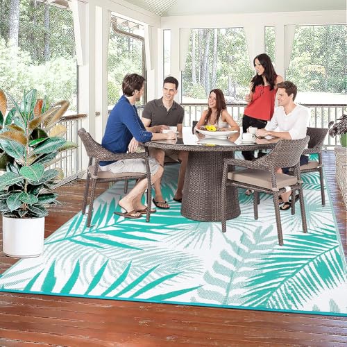 Outdoor Rug for Patios Clearance, 6x9 Waterproof RV Rugs for Outside, Reversible Plastic Straw Mat Large Quick Drying Outdoor Rugs for Deck Trailers Campers Porch Beach Backyard,Teal & White - color: Teal Blue, size: 6' x 9' (Rectangular)