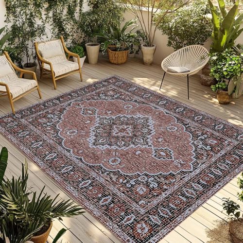 Outdoor Rug 6x9ft, Medieval Boho Abstract Flower Indoor Area Rug for Patio Backyard Deck Large Floor Mat, Vintage Ethnic Geometric Style Non-Slip Outside Carpet Balcony Porch Camping Rugs Picnic Mat - color: Indianred, size: 6' x 9' (Rectangular)
