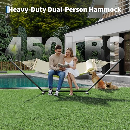 Double Hammock with Stand - Heavy Duty Portable 2 Person Design with Adjustable Steel Stand, Max 450LBS, Ideal for Outdoor Patio, Garden, Beach & Backyard - color: L-beige