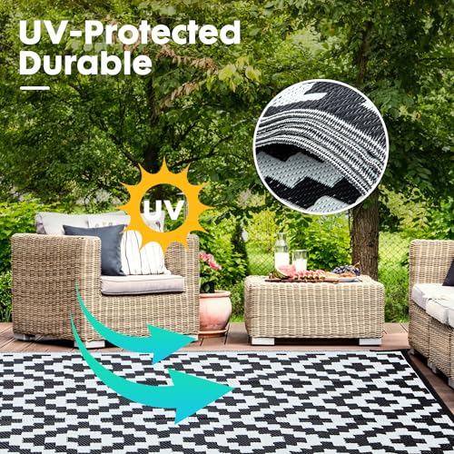 HERMOCE Waterproof Outdoor Rug 5x8 ft, Plastic Straw Patio Rugs Reversible, Patio Decor for Deck, Backyard, RV, Camping - Easy Clean Fade Resistant, Black & White - color: Black&white-s