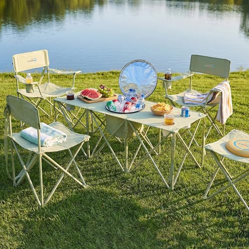 5 Pcs Camping Chair and Folding Camping Table Set, Outdoor Folding Picnic Chairs Lawn Portable Camp Table with Cooler Bag & Cup Holder for Camping, Fishing, Sporting Events, Support 500lbs, Green - color: Green