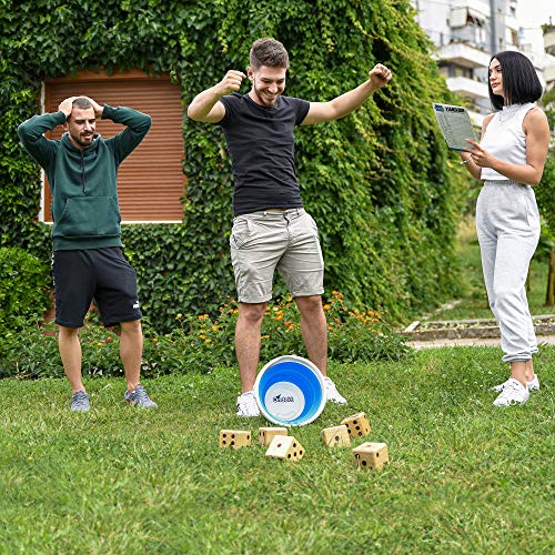 Giant Wooden Yard Dice – Splinter-Free and Crack-Proof Wood – Jumbo Size with Collapsible Bucket - 2 Dry Erase Score Cards - Indoor/Outdoor - Play Many Games – Fun and Engaging Game Time – Ideal Gift