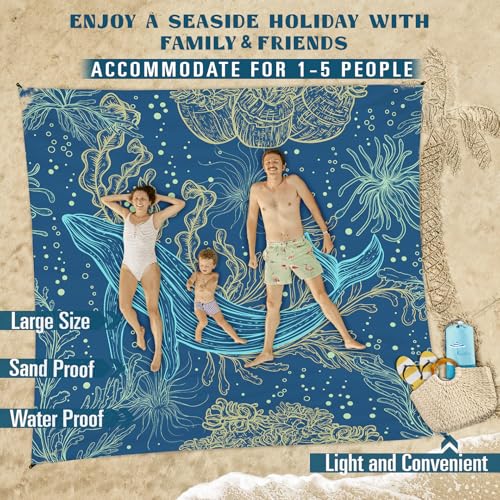 Famstar Beach Blanket Sandproof Waterproof 78''81'' 1-5 Adults Oversized, Compact Lightweight Durable 210T Polyester Beach Mat for Travel Camping Hiking Picnic - color: Blue Whale, size: 78''×81''