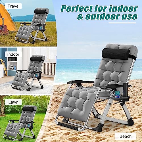 DoCred Zero Gravity Chair, Folding Chairs Lawn Recliner, Reclining Patio Lounger Chair, Folding Portable Chaise with Detachable Soft Cushion, Cup Holder, Headrest - color: Silv Grey, style: Zero Gravity Chair