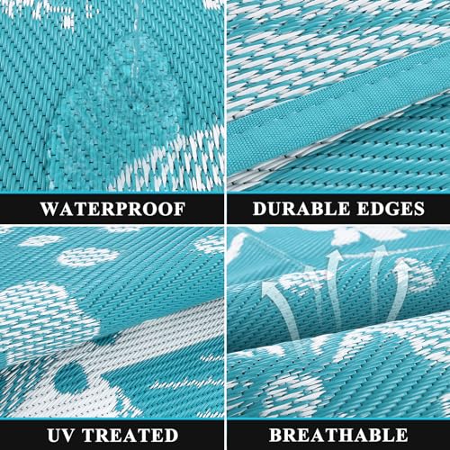 Pauwer Waterproof Outdoor Rug 6x9, Reversible Plastic Straw Patio Camping Rug, Indoor Outdoor RV Mat Carpet for Deck, Camper, Porch, Balcony, Backyard, Picnic, Floral Teal - color: Floral Teal, size: 6' x 9' (Rectangular)