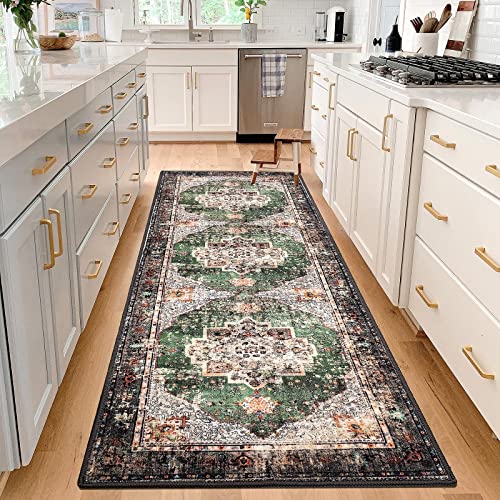 Washable Runner Rug 2x6 Green Boho Area Rug for Entryway Hallway Kitchen Laundry Room Bathroom Non Slip Washable Vintage Runner Carpet - color: A#green, size: 2' x 6' (Rectangular)