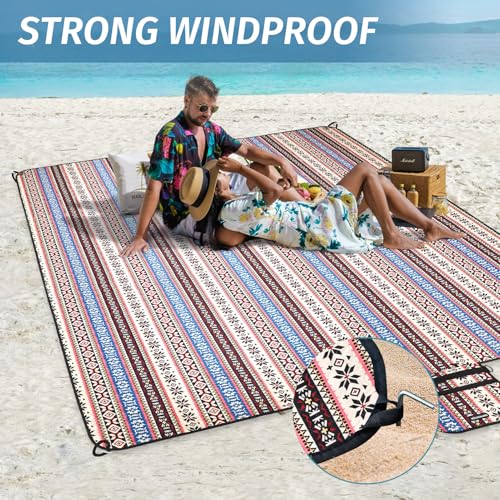 Picnic Blankets Extra Large Outdoor - Beach Blanket Waterproof Sandproof with Shoulder Strap, Machine Washable, Picnic Mat with Stakes for Grass Concert, Park.BohoPattern - color: Red