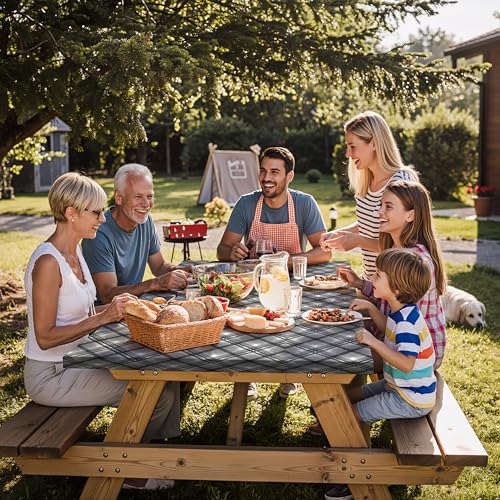 Fitted Waterproof Picnic Table Cover with Bench Covers Heavy Duty Elastic Outdoor Camping Tablecloth for 6 Foot Rectangle Tables Summer Rv Accessories Patio Garden Road Trip Essentials Gifts - color: Black and White Lines, size: 72" x 30" (Rectangular)
