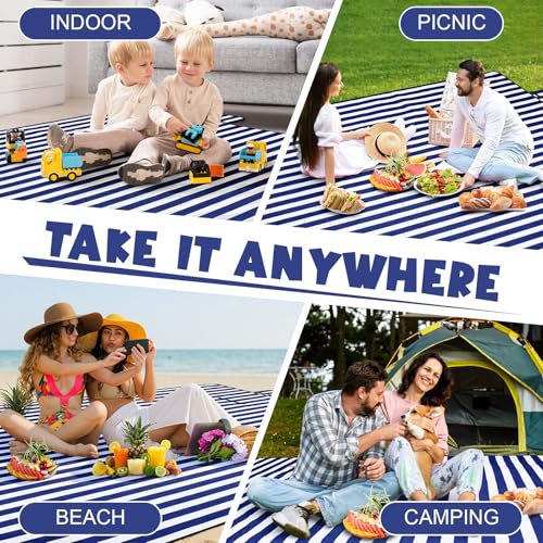 80" x 100" Extra Large Picnic Blankets Beach Mat Sandproof Waterproof Foldable Oxford Blue Strip Blanket Beach Mat Fall Picnic Stuff for Family Camping Hiking Party Park Travel Grass - color: Navy and White, style: Stripe