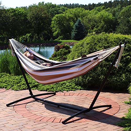 Sunnydaze Double Brazilian Hammock with Stand and Carrying Case - 400-Pound Capacity - Black Stand - Calming Desert - color: Calming Desert