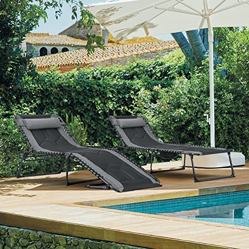 Flamaker Folding Chaise Lounge Outdoor Portable Lounge Chairs 4-Position Adjustable Camping Lounge Chair with Pillow & Side Bag Lightweight Recliner Sunbathing Chair for Pool Beach Deck (Grey) - color: Grey