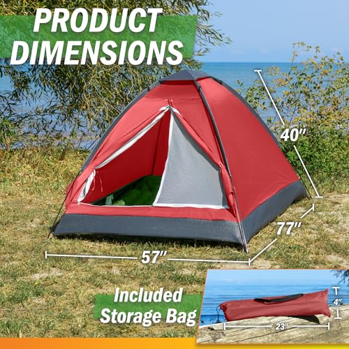2 Person Outdoors Camping Tent with Rain Fly and Carrying Bag - Lightweight Outdoor Pop Up Tents for Camping Essentials, Music Festivals, Backpacking, Hiking, or Beach Shelter by Wakeman Outdoors - color: Red