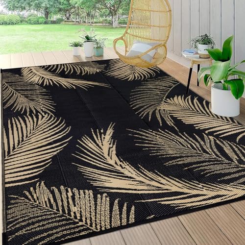 Pauwer Waterproof Outdoor Rug 6x9, Reversible Plastic Straw Patio Camping Rug, Indoor Outdoor RV Mat Carpet for Deck, Camper, Porch, Balcony, Backyard, Picnic, Leaf Black Brown - color: Leaf Black Brown, size: 6' x 9' (Rectangular)