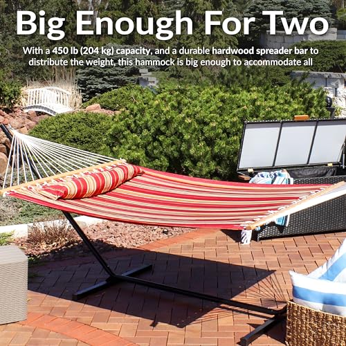 Sunnydaze Quilted Double Hammock for Outside with Spreader Bars and Pillow - 450 lb Capacity, 74x55 Inch Bed, UV Resistant, Quick Dry - Chains Included, Stand Sold Separately - Red Stripe - color: Red Stripe