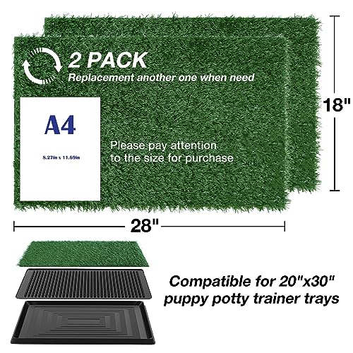 GLOBREEN Artificial Dog Grass Pee Pads 28" X 18" - Large Puppy Training Turf for Potty Tray, Anti Odors Reusable Pet Fake Grass with Drainage, 2 Packs - size: 28"x18"