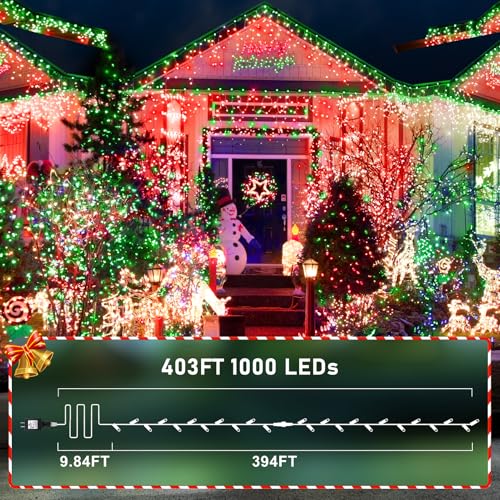 KNONEW 403ft 1000 LED String Lights Outdoor Christmas Lights 8 Modes & Timer Fairy Light Plug in Waterproof LED String Lights for Xmas Yard Tree Wedding Party Holiday Decorations (Red and Green) - color: Red and Green, size: 403FT 1000 LED
