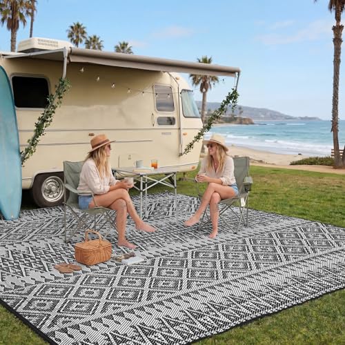 UPGRADE Waterproof Outdoor Rug 8x10 ft, Reversible Plastic Patio Rug, UV Resistant Straw Camping Mat with Carry Bag for RV Beach Deck Backyard, Black & White - color: Black & White, size: 8' x 10'