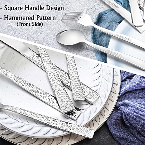 E-far 50-Piece Hammered Silverware Set, Stainless Steel Square Flatware Set Service for 10, Tableware Cutlery Set Includes Forks Spoons Knives, Modern Design & Mirror Polished - Dishwasher Safe - size: 50-Piece for 10