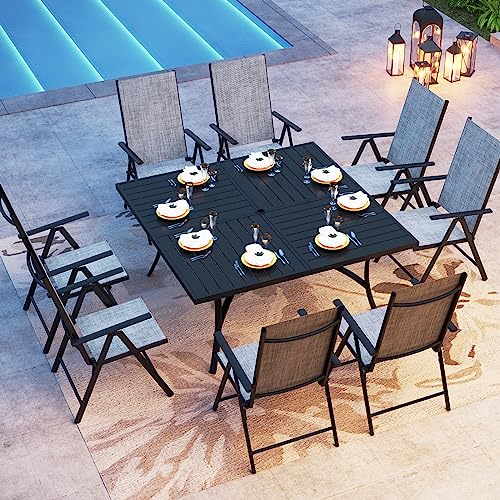 PHI VILLA 9 Piece Patio Dining Set, Outdoor Table and Chairs Set with Adjustable Portable Patio Folding Chairs (Grey) & Large Square Outdoor Dining Table for Yard, Garden and Lawn - color: Grey, size: 9 Piece Square